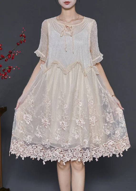 Stylish Beige Embroidered Patchwork Silk Party Dresses Summer Tunics Ceremony elegant Stylish Beige Embroidered Patchwork Silk Party Dresses Summer Tunics Ceremony elegant