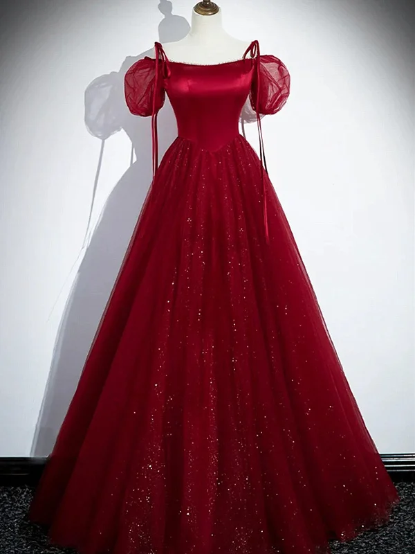 Wine Red Tulle and Sequins A-line Party Dress, Wine Red Tulle Prom Dress Tunics Seasonal trendy Wine Red Tulle and Sequins A-line Party Dress, Wine Red Tulle Prom Dress Tunics Seasonal trendy