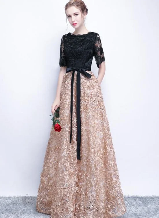 Black and Champagne Lace A-line Long Evening Dress Party Dress, Simple Bridesmaid Dresses Boat Neckline Classic Black and Champagne Lace A-line Long Evening Dress Party Dress, Simple Bridesmaid Dresses Boat Neckline Classic