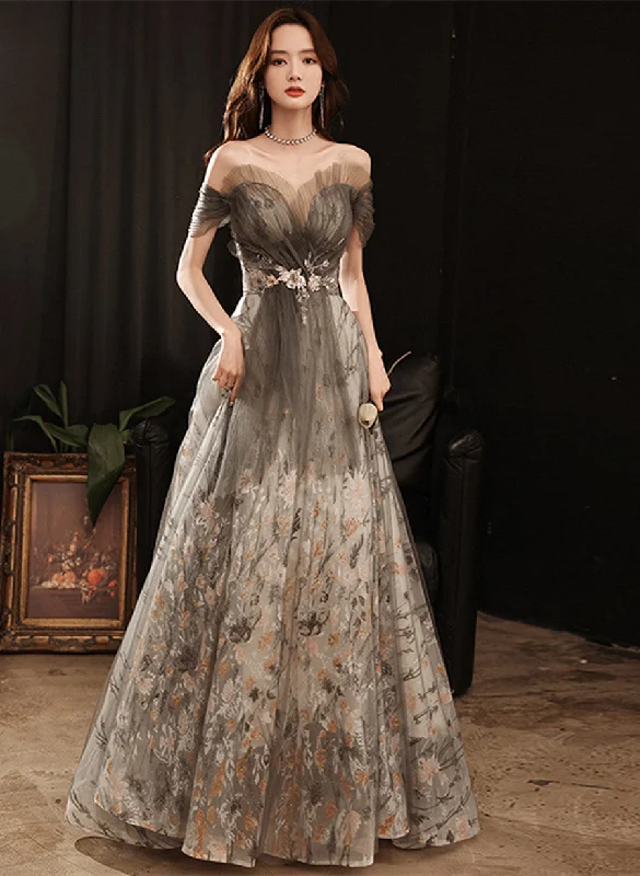 Grey A-line Floral Tulle Off Shoulder Long Party Dress, Grey Floor Length Prom Dress Tunics Cozy soft Grey A-line Floral Tulle Off Shoulder Long Party Dress, Grey Floor Length Prom Dress Tunics Cozy soft