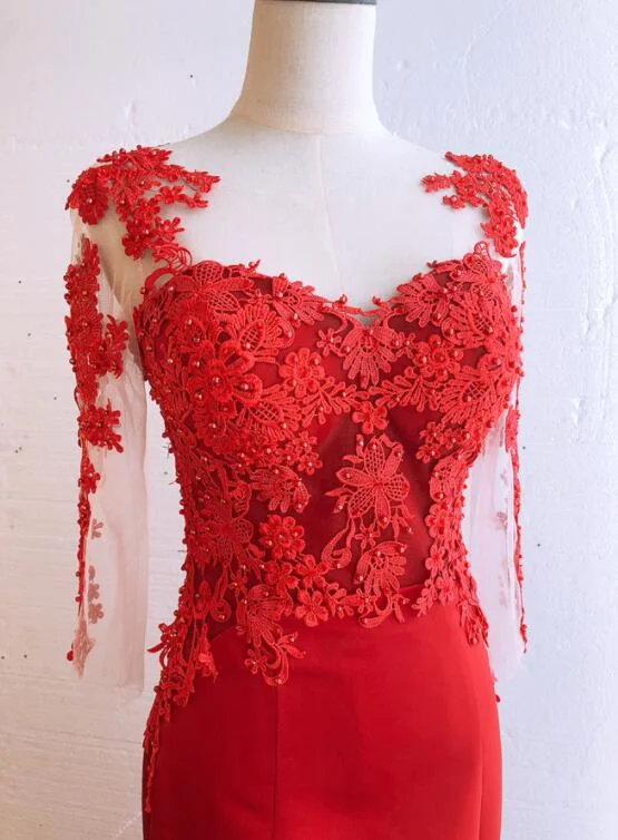 Red Satin Round Neckline Party Dress with Lace Applique, Red Formal Gown Evening Dress Tunics Ceremony elegant Red Satin Round Neckline Party Dress with Lace Applique, Red Formal Gown Evening Dress Tunics Ceremony elegant
