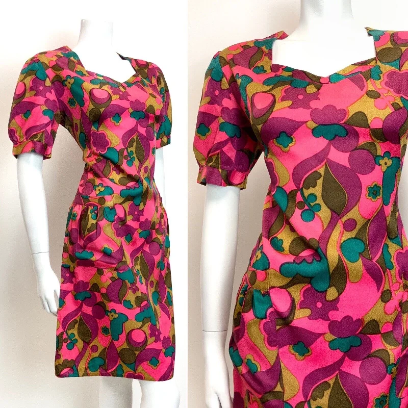 VINTAGE 60s 70s PINK PURPLE GREEN PSYCHEDELIC FLORAL MOD SHORT-SLEEVE DRESS 14 Tunics Chic elegant VINTAGE 60s 70s PINK PURPLE GREEN PSYCHEDELIC FLORAL MOD SHORT-SLEEVE DRESS 14 Tunics Chic elegant