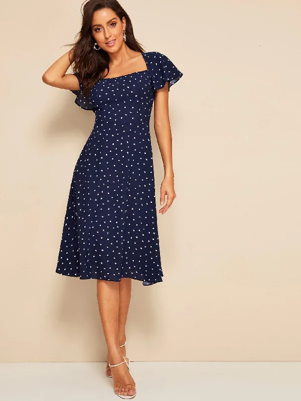 Heart Print Flutter Sleeve Tie Back Dress Tunics Sale discount
