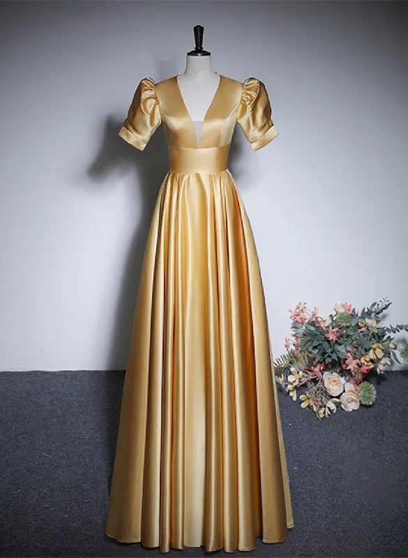 Gold Satin A-line Short Sleeves Floor Length Party Dress, Gold Simple Formal Dress Tunics Chinos classic Gold Satin A-line Short Sleeves Floor Length Party Dress, Gold Simple Formal Dress Tunics Chinos classic
