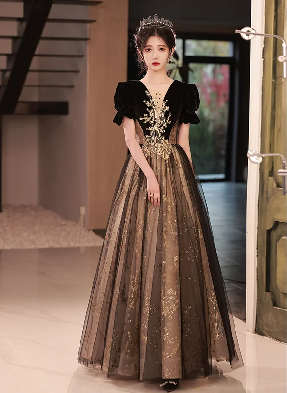 Black Short Sleeves Tulle Long Party Dress with Lace, Black A-line Prom Dress Tunics Leisure comfortable Black Short Sleeves Tulle Long Party Dress with Lace, Black A-line Prom Dress Tunics Leisure comfortable