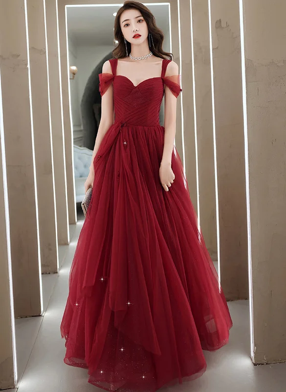 Wine Red Off Shoulder Tulle Party Dress, Wine Red Tulle Prom Dress Evening Dress Square Neckline Feminine Wine Red Off Shoulder Tulle Party Dress, Wine Red Tulle Prom Dress Evening Dress Square Neckline Feminine