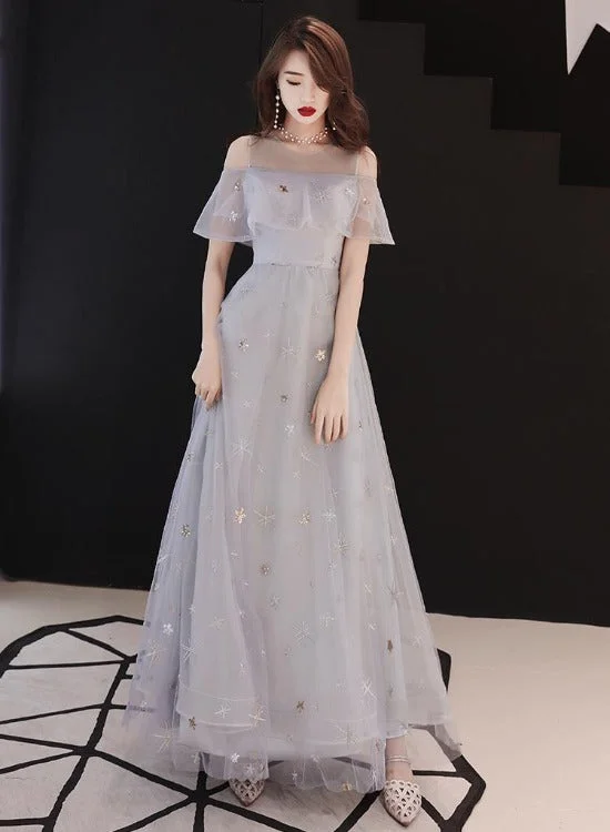 Light Grey Tulle A-line Simple Long Party Dress, Grey Evening Dresses Prom Dresses Tunics Trendy modern Light Grey Tulle A-line Simple Long Party Dress, Grey Evening Dresses Prom Dresses Tunics Trendy modern