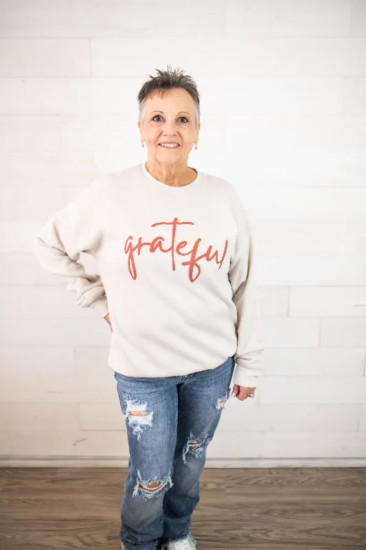 Grateful Fall Sweatshirt-Ivory Hoodie with Cuffed Sleeves Snug Secure