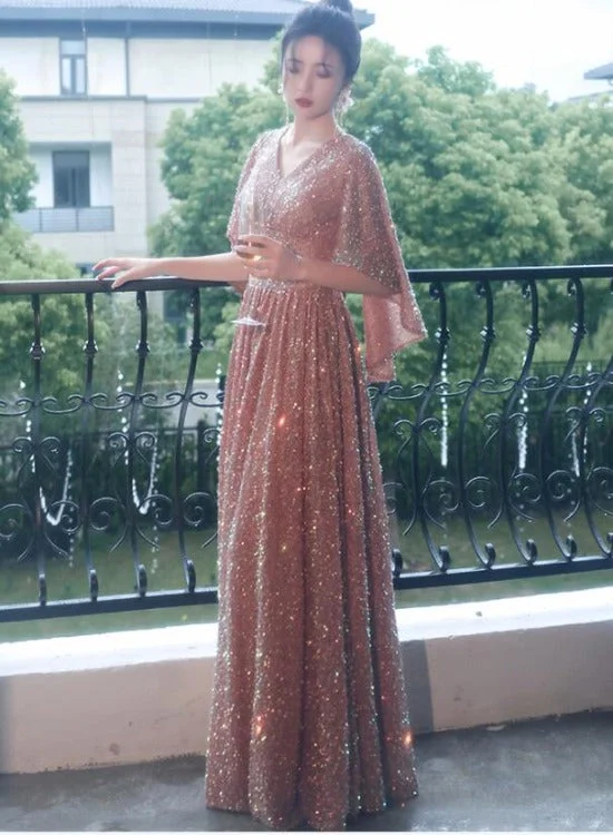 Pink Shiny Sequins A-line Floor Length Bridesmaid Dress, Pink Formal Dress Party Dresses Off-the-shoulder Chic Trendy Pink Shiny Sequins A-line Floor Length Bridesmaid Dress, Pink Formal Dress Party Dresses Off-the-shoulder Chic Trendy