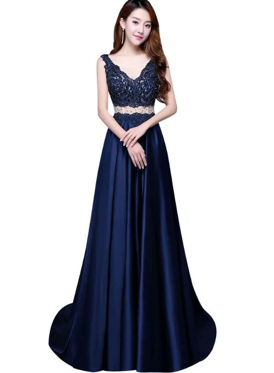Navy Blue Satin with Lace Beaded Long Junior Prom Dress, Blue Satin Party Dresses Tunics Hiking breathable Navy Blue Satin with Lace Beaded Long Junior Prom Dress, Blue Satin Party Dresses Tunics Hiking breathable