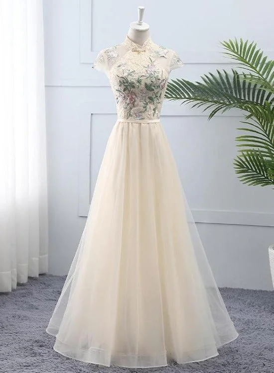 Light Champagne Tulle and Lace High Neckline Long Party Dress, A-line Tulle Bridesmaid Dress Tunics Business professional Light Champagne Tulle and Lace High Neckline Long Party Dress, A-line Tulle Bridesmaid Dress Tunics Business professional