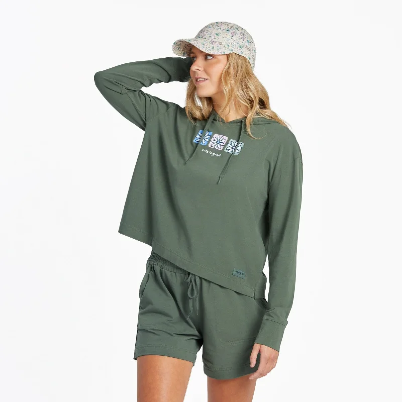 Life is Good Women's Three Boxed Daisies Crusher-Flex Hoodie, Dark Moss Green Hoodie with Turtle Neck Cozy Winter