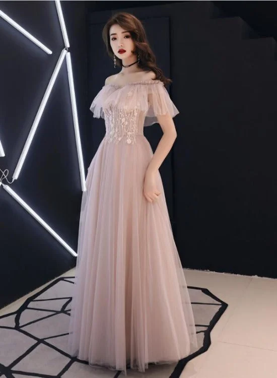 Pink Lace Off Shoulder Tulle A-line Floor Length Party Dress, Pink Formal Dresses Tunics Formal black Pink Lace Off Shoulder Tulle A-line Floor Length Party Dress, Pink Formal Dresses Tunics Formal black