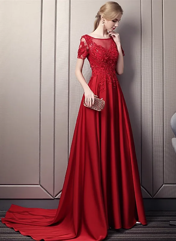 Wine Red Satin Short Sleeves with Lace Long Party Dress, A-line Wedding Party Dress Cowl Neckline Elegant Wine Red Satin Short Sleeves with Lace Long Party Dress, A-line Wedding Party Dress Cowl Neckline Elegant