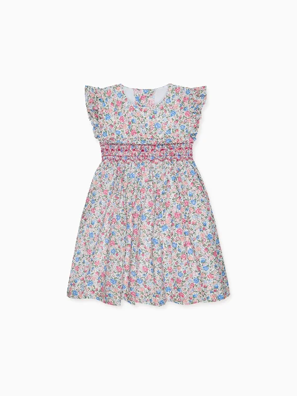 Fuchsia Floral Frida Girl Hand-Smocked Dress Cowl Neckline Elegant