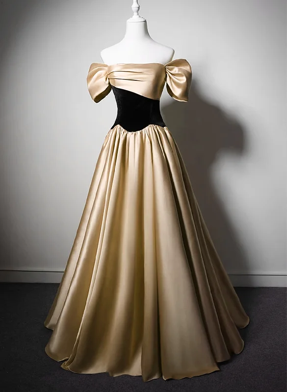 Black and Champagne Satin Long Party Dress, Off Shoulder Satin Prom Dress Peplum Ruffle Cocktail Black and Champagne Satin Long Party Dress, Off Shoulder Satin Prom Dress Peplum Ruffle Cocktail