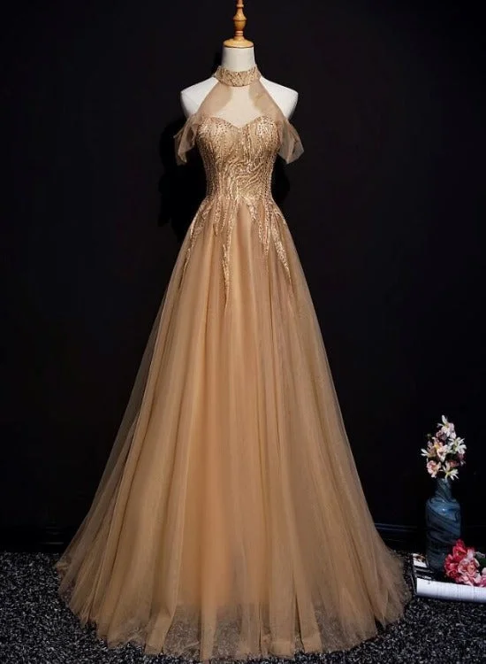 Champagne Tulle Halter Long Party Dress, A-line Formal Gown Tunics Party sparkling