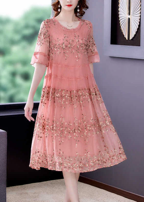 Plus Size Pink O-Neck Patchwork Print Tulle Party Dress Summer Tunics Floral girly