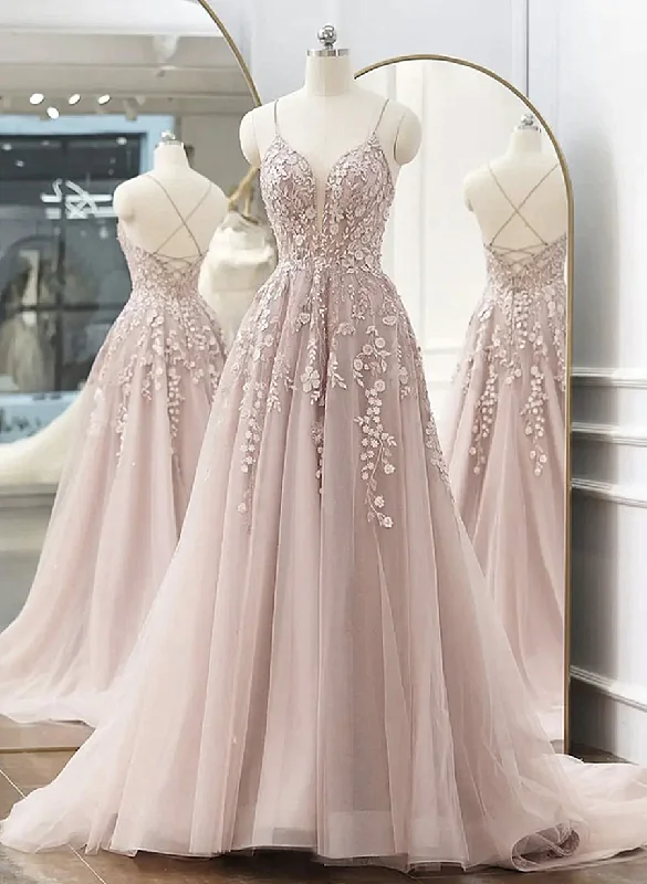 Pink Tulle with Lace Applique Low Back Prom Dress, Pink A-line Tulle Party Dress Tunics Exclusive limited Pink Tulle with Lace Applique Low Back Prom Dress, Pink A-line Tulle Party Dress Tunics Exclusive limited