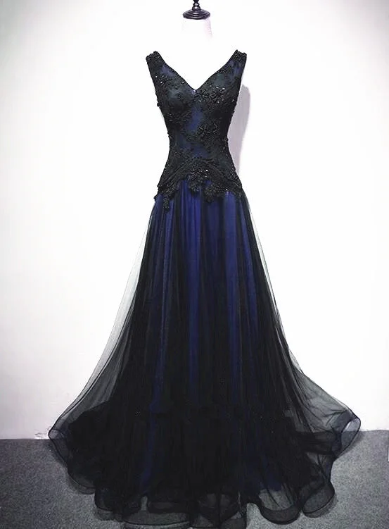Navy Blue and Black Tulle V-neckline Floor Length Party Dress Evening Dress, Unique Prom Dresses Tunics Versatile functional Navy Blue and Black Tulle V-neckline Floor Length Party Dress Evening Dress, Unique Prom Dresses Tunics Versatile functional