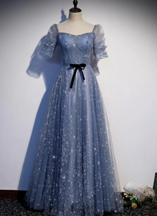 Beautiful Blue Tulle Short Sleeves A-line New Style Prom Dress Party Dress, Blue Formal Dress Tunics Floral girly Beautiful Blue Tulle Short Sleeves A-line New Style Prom Dress Party Dress, Blue Formal Dress Tunics Floral girly
