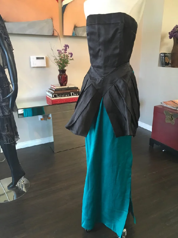 Tan Giudicelli Size 38 Teal & Black Silk Gown Long Dress Vintage - 2217-16-6819 Bodycon Club Sequined Tan Giudicelli Size 38 Teal & Black Silk Gown Long Dress Vintage - 2217-16-6819 Bodycon Club Sequined