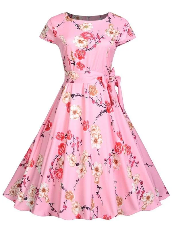 50s Floral Print Belted Flare Dress Tunics Fleece cozy