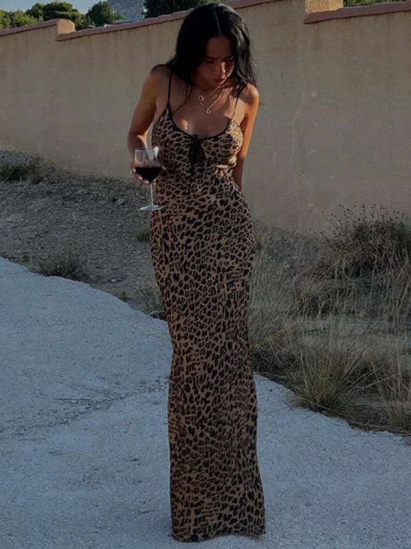 Women's halter neck fashion strap sexy backless leopard print dress Tunics Modern contemporary