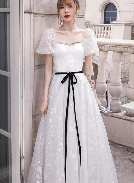 White Lace A-line Short Sleeves Princess Gown Prom Dress, Lace Wedding Party Dresses Tunics stripes playful White Lace A-line Short Sleeves Princess Gown Prom Dress, Lace Wedding Party Dresses Tunics stripes playful