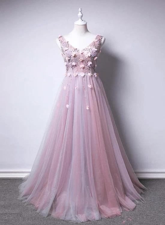 Pink V-neckline Tulle with Flowers Beaded Long Party Dress, Junior Prom Dresses Tunics Winter warm Pink V-neckline Tulle with Flowers Beaded Long Party Dress, Junior Prom Dresses Tunics Winter warm