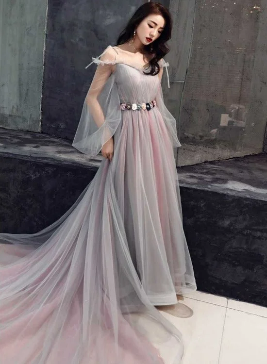 Pink and Grey Tulle Puffy Sleeves Formal Dress with Flowers, A-line Tulle Party Dresses Tunics Chinos classic Pink and Grey Tulle Puffy Sleeves Formal Dress with Flowers, A-line Tulle Party Dresses Tunics Chinos classic