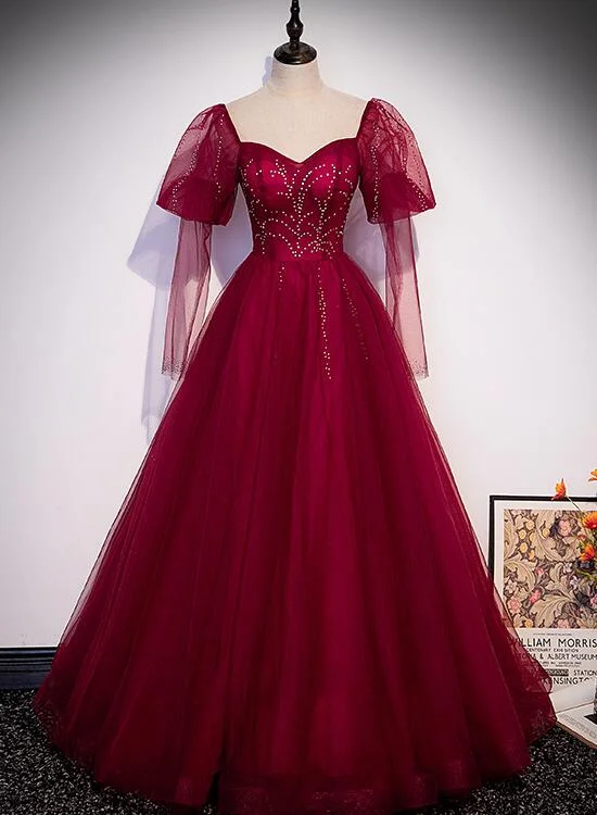Wine Red Long Sleeves Tulle Evening Gown Prom Dress, Dark Red Beaded Party Dresses Tunics Formal black Wine Red Long Sleeves Tulle Evening Gown Prom Dress, Dark Red Beaded Party Dresses Tunics Formal black