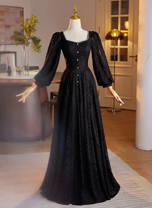 Black Long Sleeves Lace A-line Party Dress, Black Lace Wedding Party Dress Sequined Elegant Party Black Long Sleeves Lace A-line Party Dress, Black Lace Wedding Party Dress Sequined Elegant Party