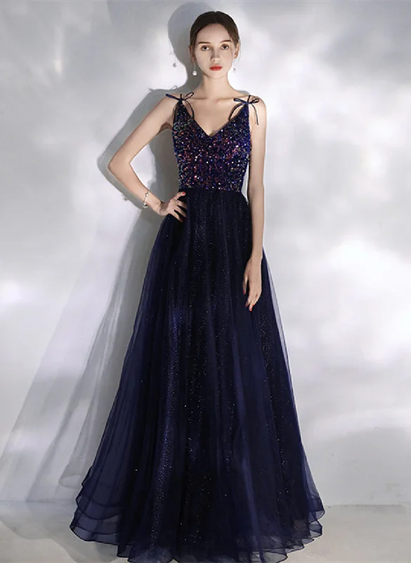 Navy Blue V-neckline Sequins and Tulle Party Dress, A-line Blue Prom Dress Tunics Evening elegant Navy Blue V-neckline Sequins and Tulle Party Dress, A-line Blue Prom Dress Tunics Evening elegant