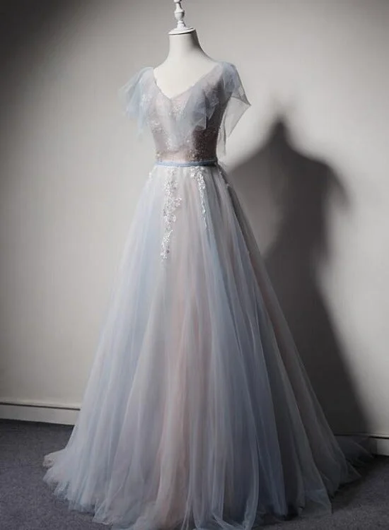 Light Blue and Pink V-neckline Tulle with Lace Evening Dress, A-line Long Prom Dress Party Dress Tunics Cozy comfortable Light Blue and Pink V-neckline Tulle with Lace Evening Dress, A-line Long Prom Dress Party Dress Tunics Cozy comfortable