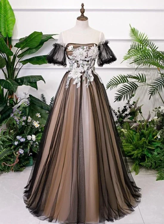 Black and Champagne Short Sleeves Tulle with Lace Party Dress, A-line Floor Length Prom Dress Tunics Evening elegant Black and Champagne Short Sleeves Tulle with Lace Party Dress, A-line Floor Length Prom Dress Tunics Evening elegant