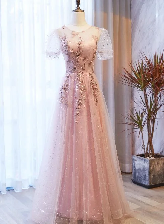 Pink Tulle with Puffy Sleeves Floral Long Evening Dress, Pink Long Party Dress Formal Dresses Tunics Wedding white Pink Tulle with Puffy Sleeves Floral Long Evening Dress, Pink Long Party Dress Formal Dresses Tunics Wedding white