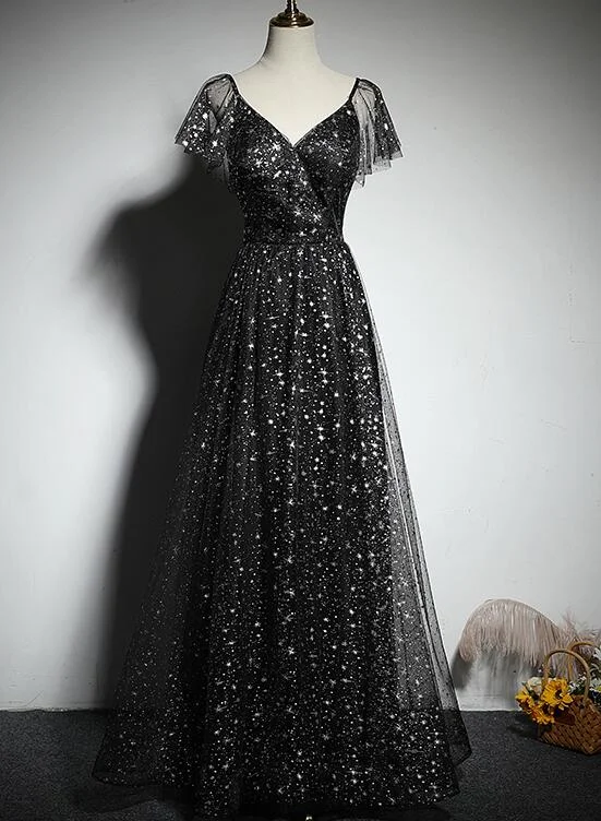 Black V-neckline Cap Sleeves Floor Length Party Dress, Black A-line Evening Dress Formal Dresses Tunics Occasion special