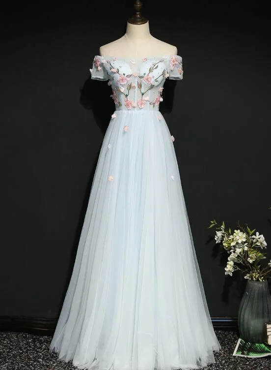Light Blue Off Shoulder A-line Flower Party Dress, New Prom Dress Boatneck Modish Everyday Light Blue Off Shoulder A-line Flower Party Dress, New Prom Dress Boatneck Modish Everyday