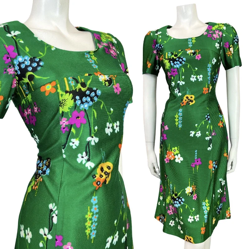 VINTAGE 60s 70s GREEN PURPLE BLACK FLORAL DAISY MOD DRESS 8 10 Turtleneck Neckline Stylish VINTAGE 60s 70s GREEN PURPLE BLACK FLORAL DAISY MOD DRESS 8 10 Turtleneck Neckline Stylish