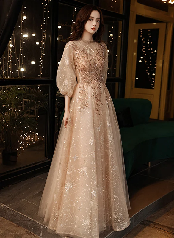 Champagne A-line High Neckline Long Party Dress, Champagne Tulle Long Prom Dress Shift Classic Vintage Champagne A-line High Neckline Long Party Dress, Champagne Tulle Long Prom Dress Shift Classic Vintage