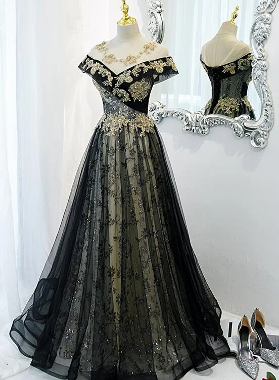 Beautiful Black Off Shoulder A-line Party Dress with Gold Lace, Black Evening Dresses Prom Dress Tunics Bestseller popular Beautiful Black Off Shoulder A-line Party Dress with Gold Lace, Black Evening Dresses Prom Dress Tunics Bestseller popular