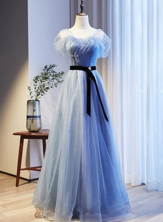 Lovely Blue Beaded Long Evening Dress New Style Party Dress, Blue Tulle Formal Dresses Tunics Party sparkling Lovely Blue Beaded Long Evening Dress New Style Party Dress, Blue Tulle Formal Dresses Tunics Party sparkling