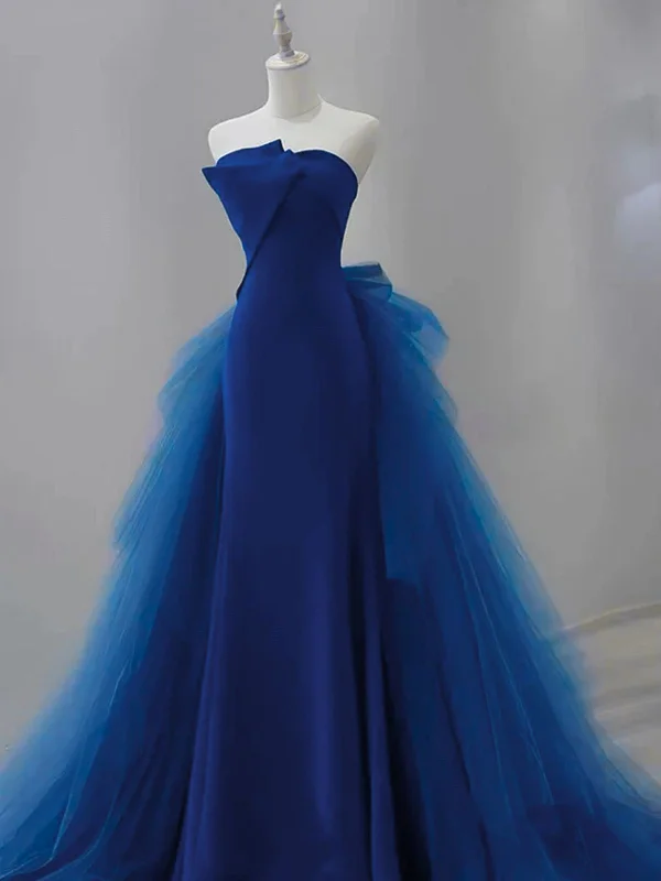 Blue Satin and Tulle Long Strapless Party Dress, Blue Satin with Tulle Prom Dress Tunics Denim casual Blue Satin and Tulle Long Strapless Party Dress, Blue Satin with Tulle Prom Dress Tunics Denim casual