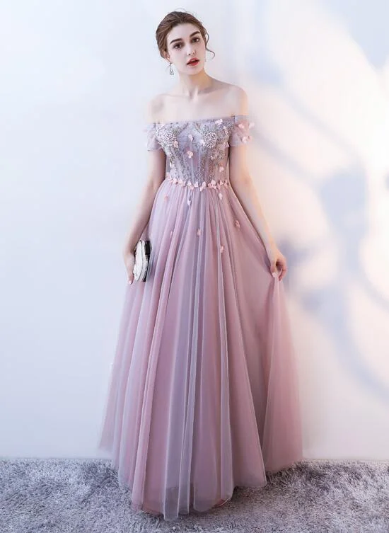 Pink Tulle Flowers and Beaded Long Off Shoulder Prom Dress, A-line Pink Party Dress Tunics Recommended stylist Pink Tulle Flowers and Beaded Long Off Shoulder Prom Dress, A-line Pink Party Dress Tunics Recommended stylist
