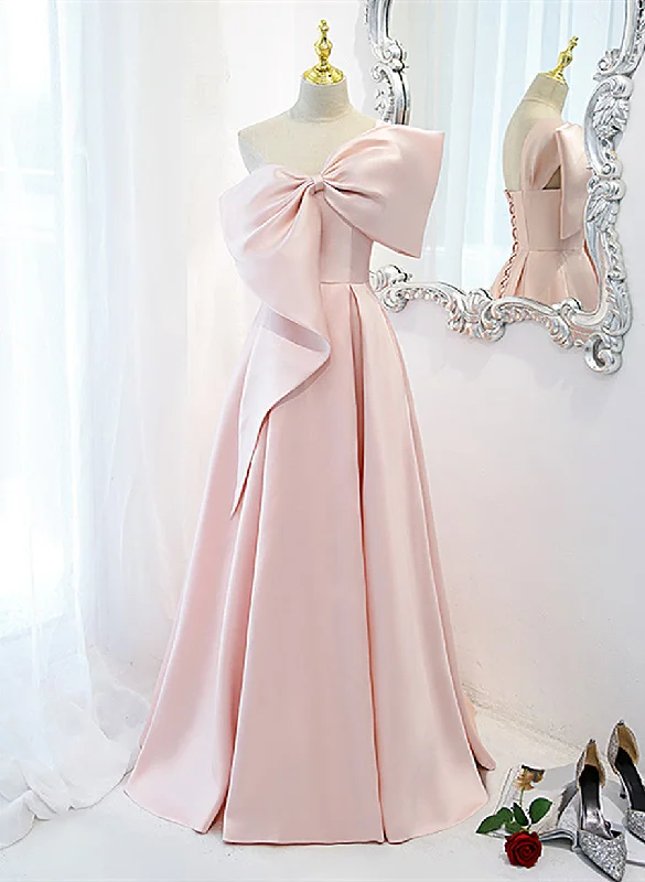 Pink Satin A-line Party Dress with Bow, One Shoulder Pink Prom Dress Tunics New arrival Pink Satin A-line Party Dress with Bow, One Shoulder Pink Prom Dress Tunics New arrival
