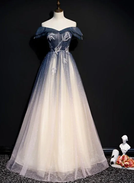 Blue Off Shoulder Shiny Tulle Gradient A-line Long Party Dress, A-line Prom Dresses 2022 Boatneck Modish Everyday Blue Off Shoulder Shiny Tulle Gradient A-line Long Party Dress, A-line Prom Dresses 2022 Boatneck Modish Everyday