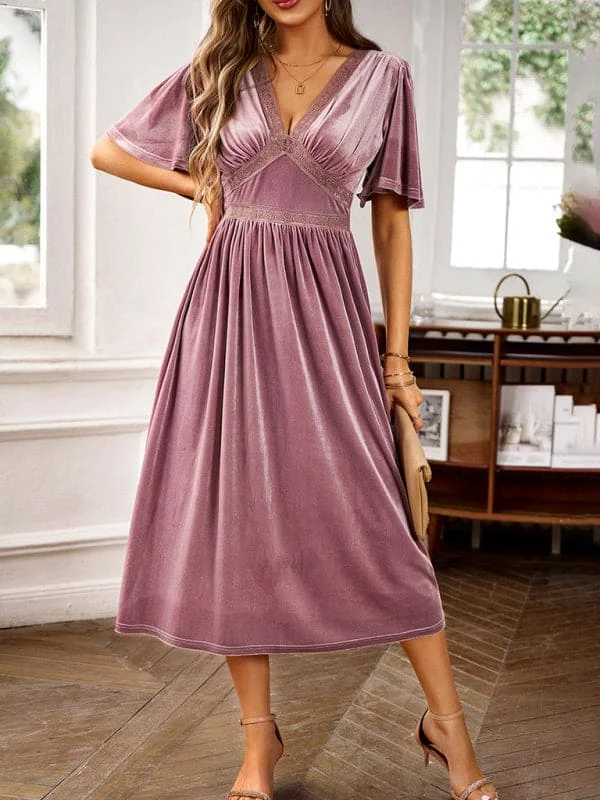 New elegant V-neck short-sleeved velvet dress sweetheart Neckline Romantic