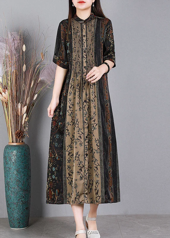 Loose Black O-Neck Print Patchwork Wrinkled Silk Party Dress Short Sleeve Tunics Mesh breathable