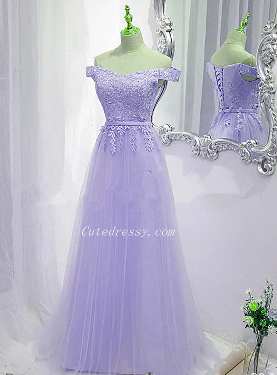 Lavender Tulle Off Shoulder Party Dress with Lace Applique, A-line Tulle Prom Dresses Tunics Leisure comfortable Lavender Tulle Off Shoulder Party Dress with Lace Applique, A-line Tulle Prom Dresses Tunics Leisure comfortable